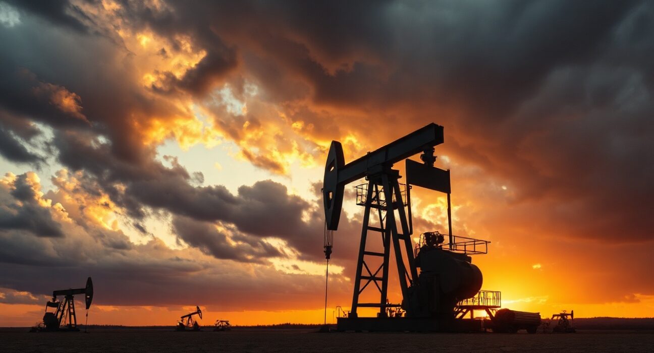 Oil pumpjack silhouette against stormy sunset sky representing energy shock and macro risks