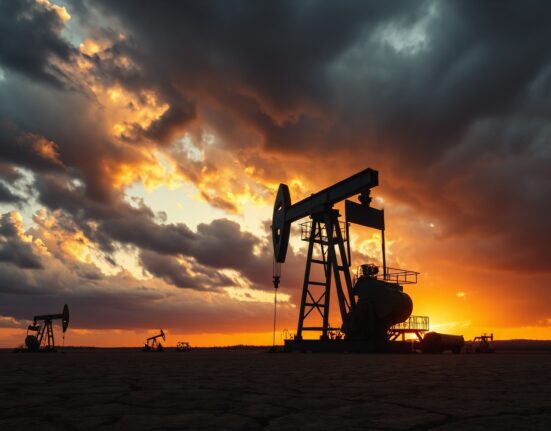 Oil pumpjack silhouette against stormy sunset sky representing energy shock and macro risks