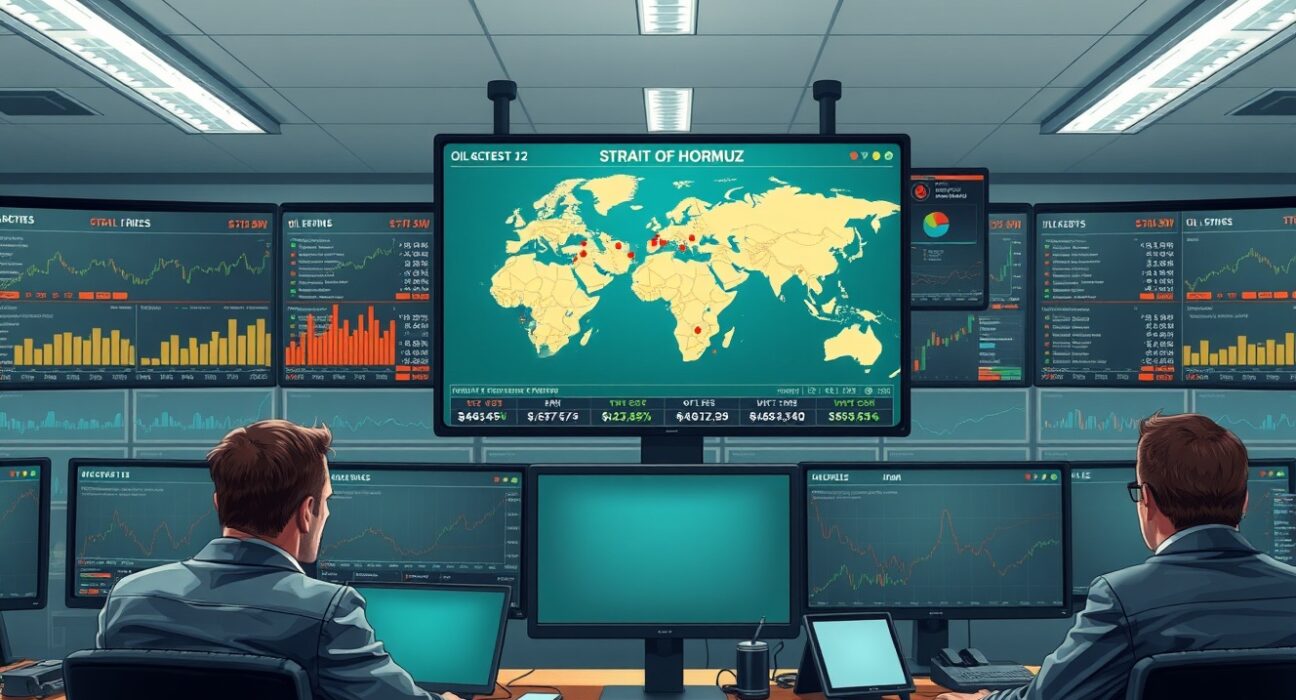 Oil market analysis of Iran conflict risks showing trading floor monitoring geopolitical tensions and price escalation.