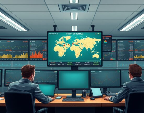 Oil market analysis of Iran conflict risks showing trading floor monitoring geopolitical tensions and price escalation.