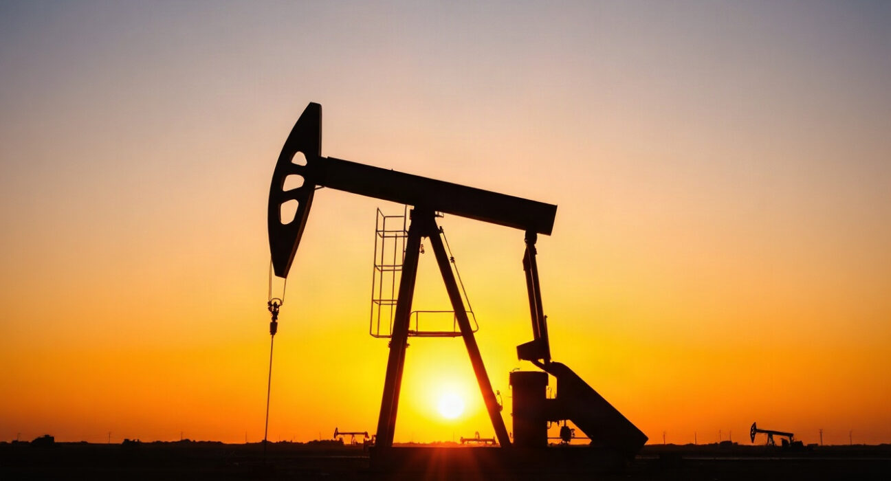 Oil pumpjack silhouetted against a sunset sky, symbolizing crude oil supply and market dynamics.