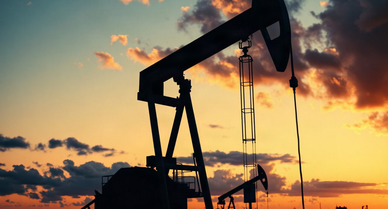 Oil pumpjack silhouetted against a dramatic sky, representing the crude oil market rally driven by sanctions risk.