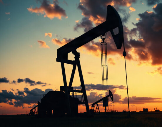 Oil pumpjack silhouetted against a dramatic sky, representing the crude oil market rally driven by sanctions risk.