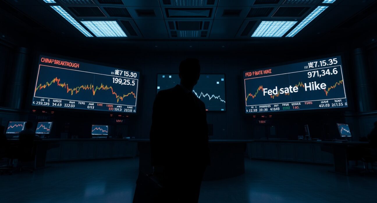 Trading floor with falling oil price charts and news about China chip breakthrough and Fed rate hike.