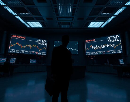 Trading floor with falling oil price charts and news about China chip breakthrough and Fed rate hike.