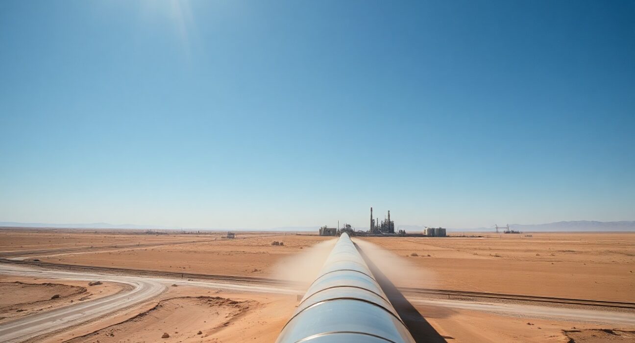 Oil pipeline in a desert landscape representing resumed oil flows