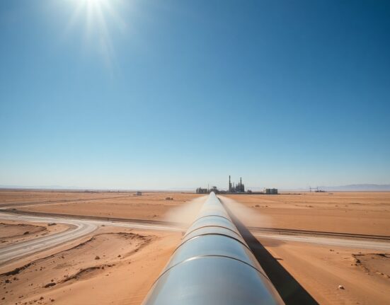 Oil pipeline in a desert landscape representing resumed oil flows