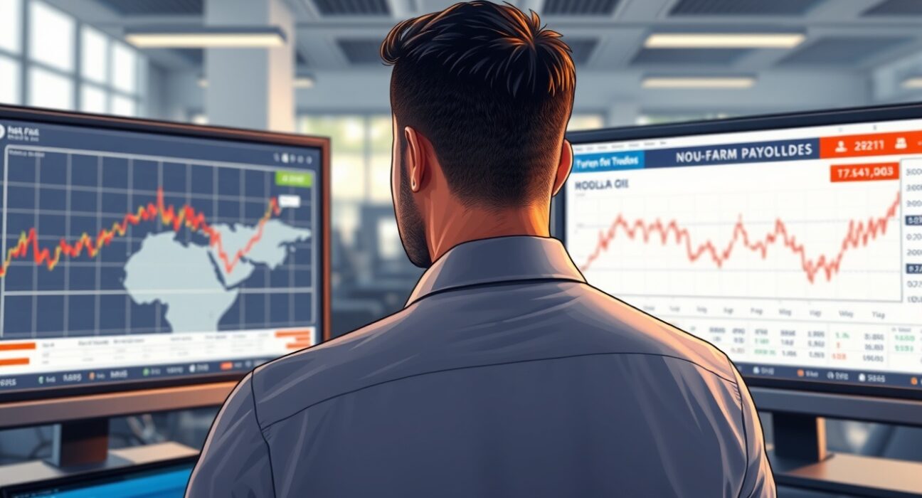 Trader analyzing oil price surge and US dollar decline following Middle East conflict and jobs data.