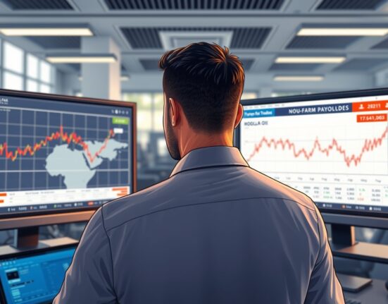 Trader analyzing oil price surge and US dollar decline following Middle East conflict and jobs data.
