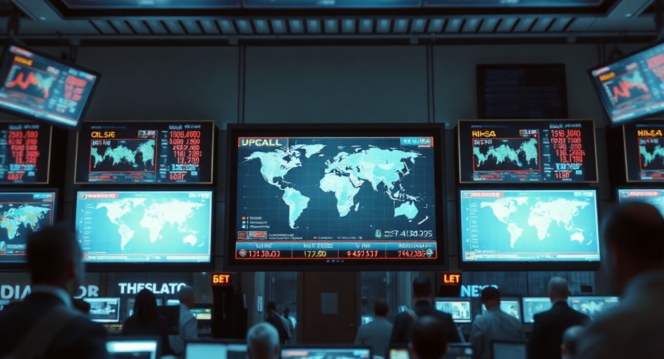 Oil trading floor with digital screens showing fragmented energy market data and geopolitical maps.
