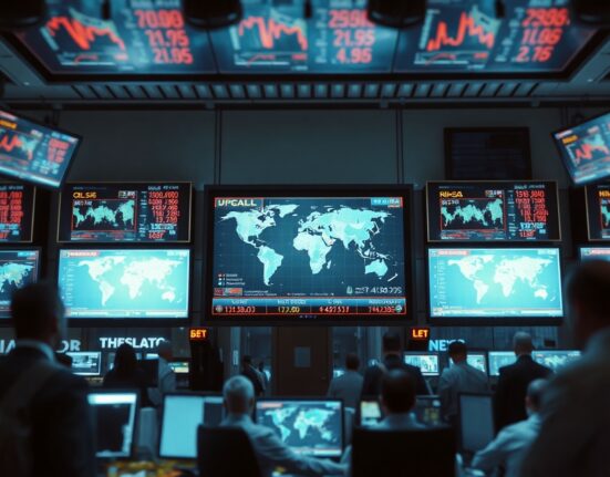 Oil trading floor with digital screens showing fragmented energy market data and geopolitical maps.