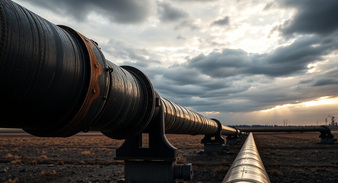 Split oil pipeline at dawn symbolizing fragmented global energy markets and potential oil price divergence