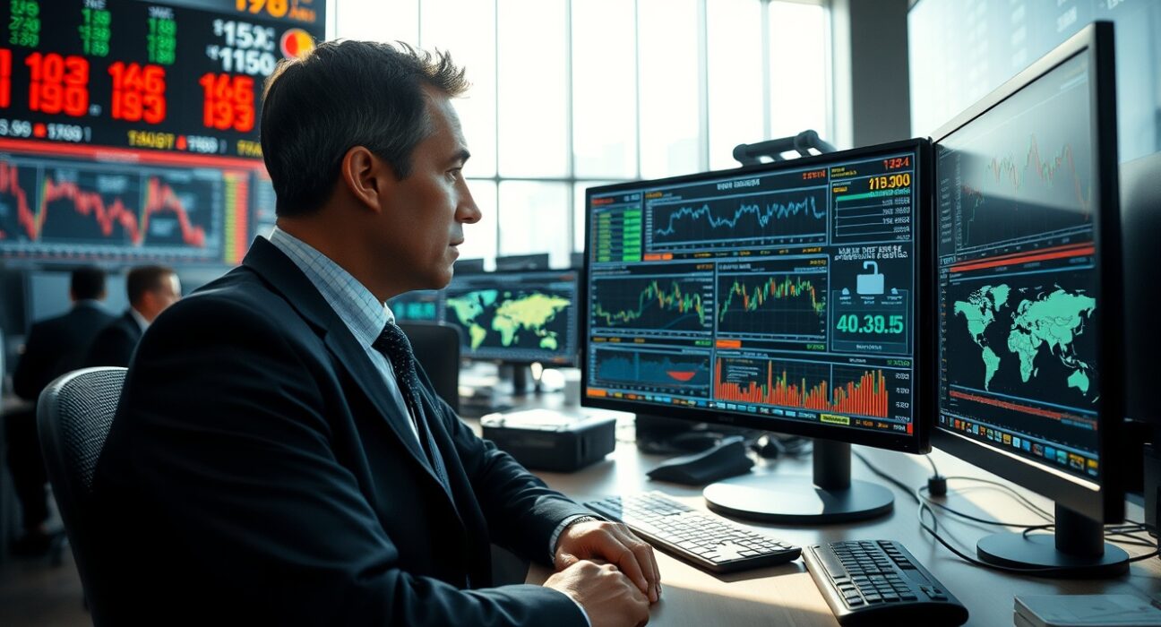Energy trader analyzing oil futures and physical market data on trading desk monitors.