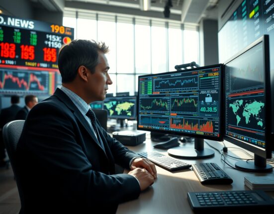 Energy trader analyzing oil futures and physical market data on trading desk monitors.