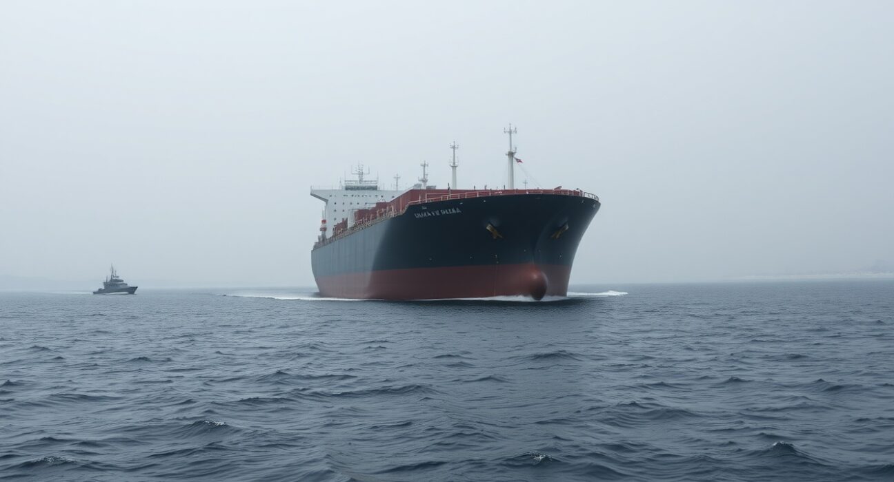 Oil tanker navigating the Strait of Hormuz as oil futures rise due to stalled US-Iran peace talks