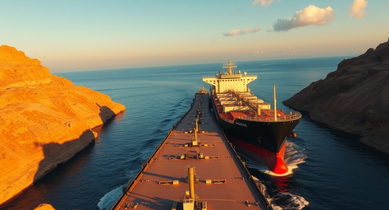 Oil tanker navigating a geopolitical choke point, representing Rabobank's analysis of oil supply risk in 2025.