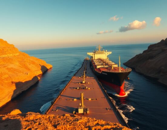 Oil tanker navigating a geopolitical choke point, representing Rabobank's analysis of oil supply risk in 2025.