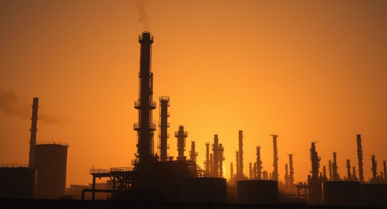 Oil refinery at dusk with industrial towers and flare stacks under a hazy sky, symbolizing geopolitical risk in energy markets.