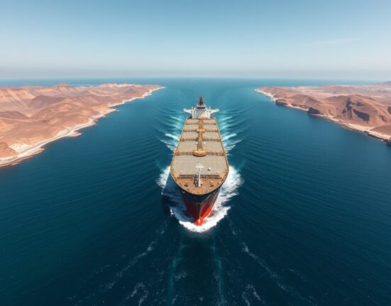 Oil tanker navigating the strategic Strait of Hormuz bottleneck, a key focus of geopolitical risk analysis.