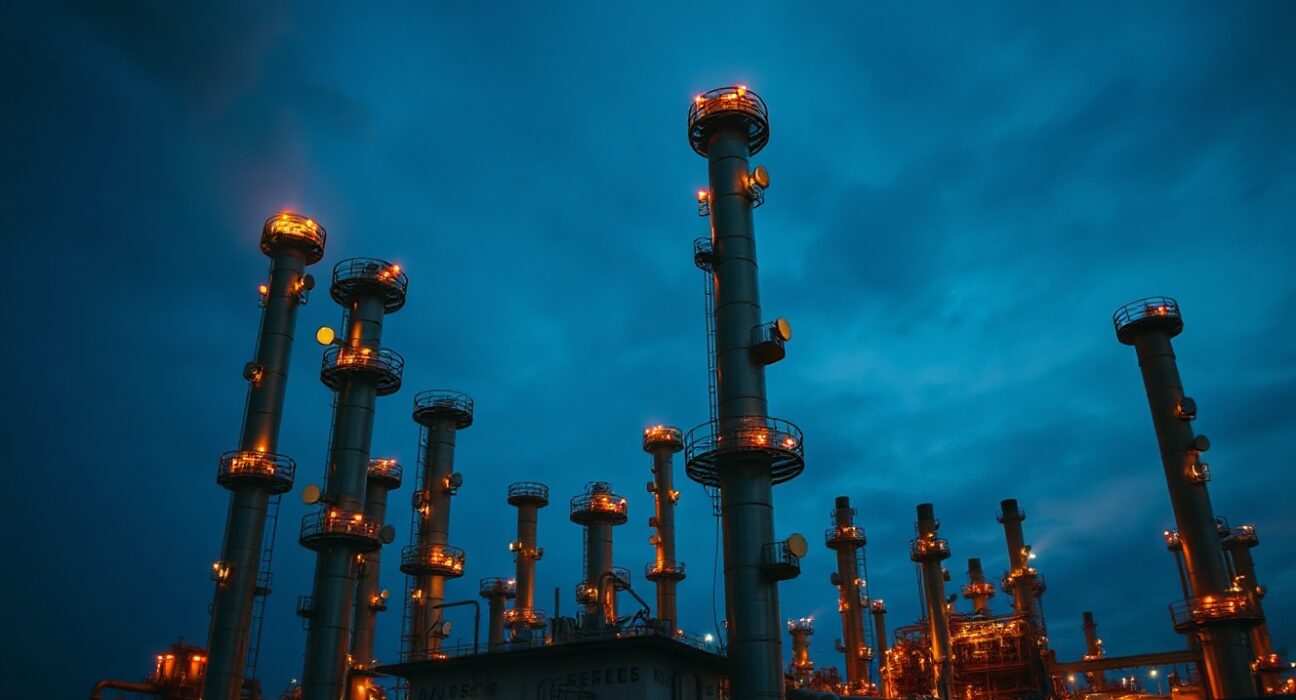 Oil refinery at dusk with towers and lights under a darkening sky, representing energy supply and geopolitical risk.