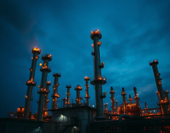 Oil refinery at dusk with towers and lights under a darkening sky, representing energy supply and geopolitical risk.