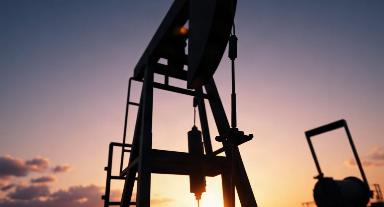 Oil pumpjack silhouette at sunset, representing geopolitical oil supply risks.