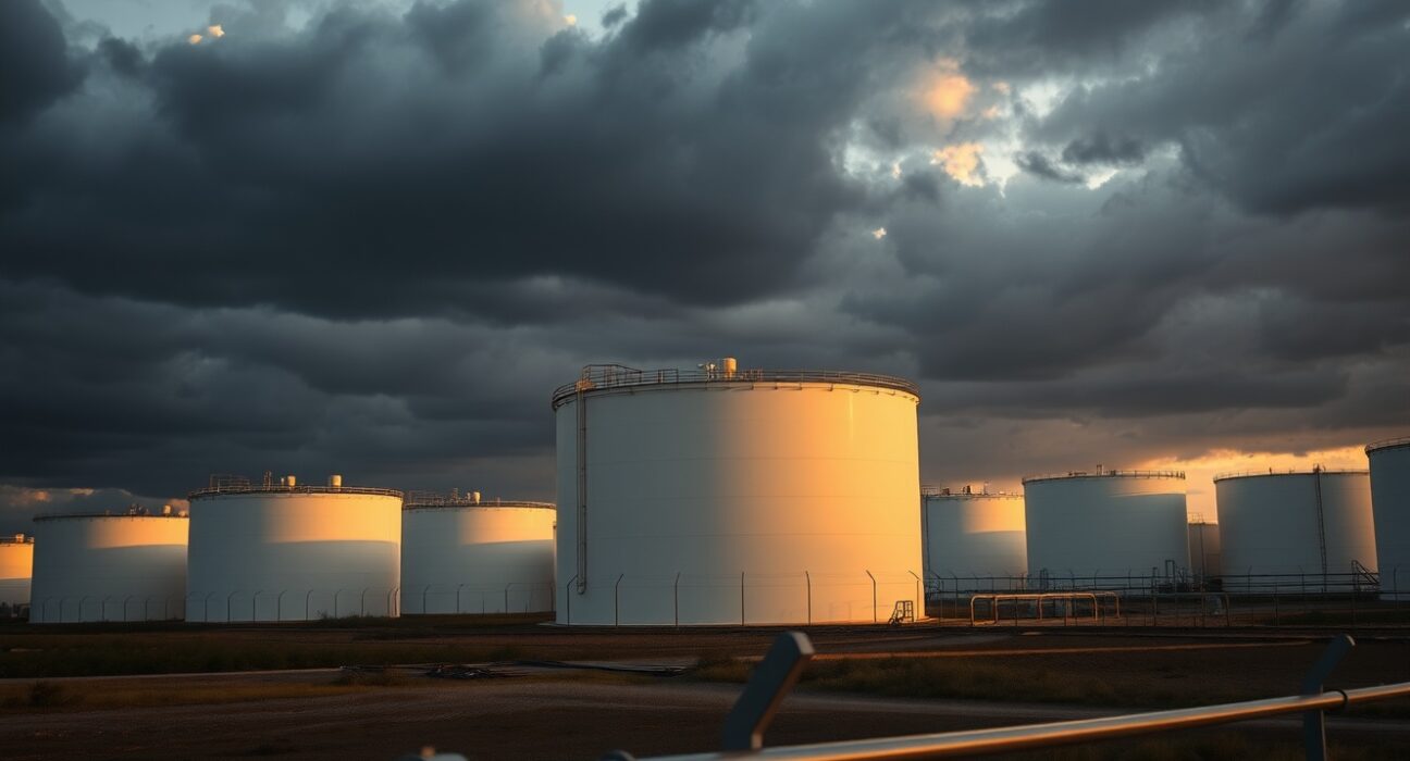 Oil storage tanks at sunset with storm clouds, representing geopolitical pressure on crude prices