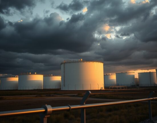 Oil storage tanks at sunset with storm clouds, representing geopolitical pressure on crude prices