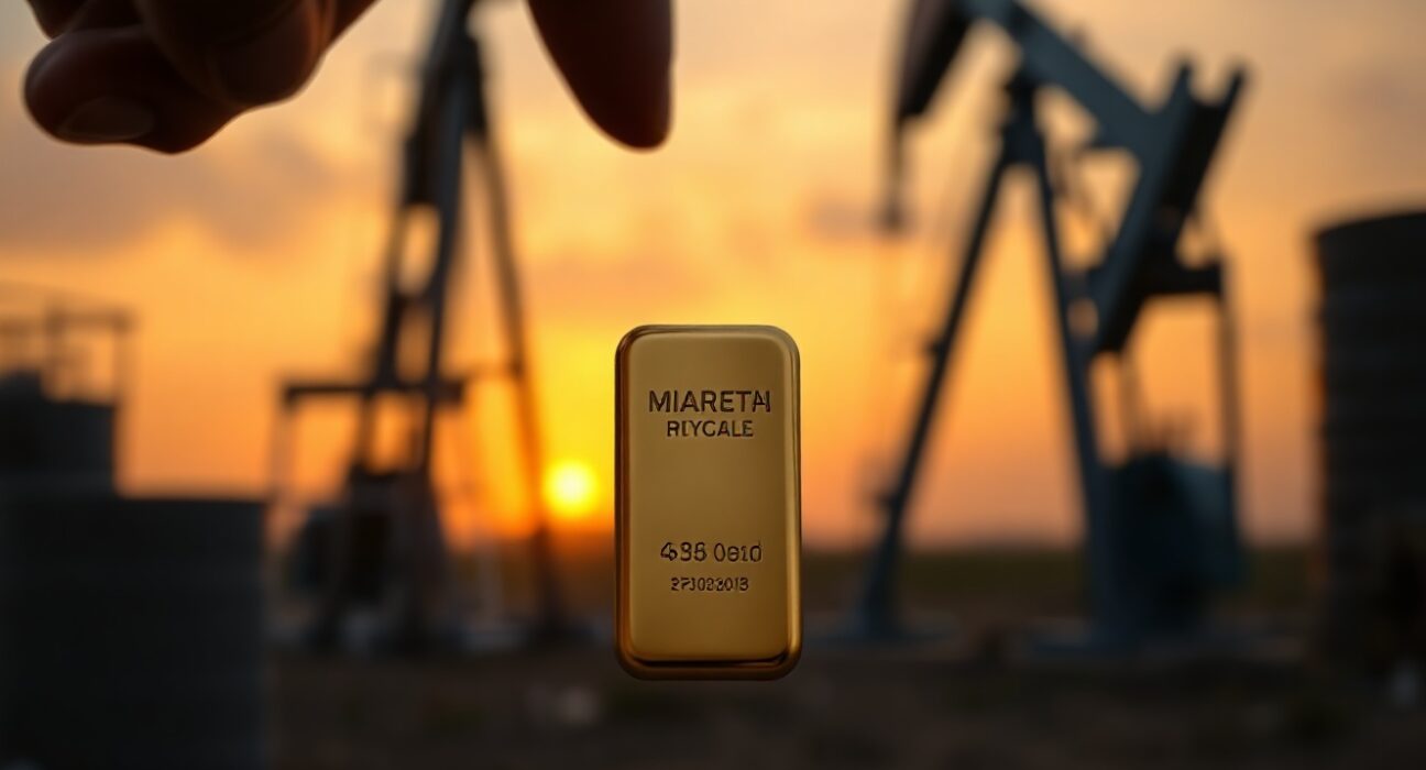 Gold bar in foreground with oil pumpjack in background at sunset, representing commodity market outlook