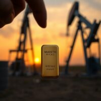 Gold bar in foreground with oil pumpjack in background at sunset, representing commodity market outlook