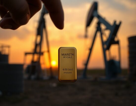 Gold bar in foreground with oil pumpjack in background at sunset, representing commodity market outlook