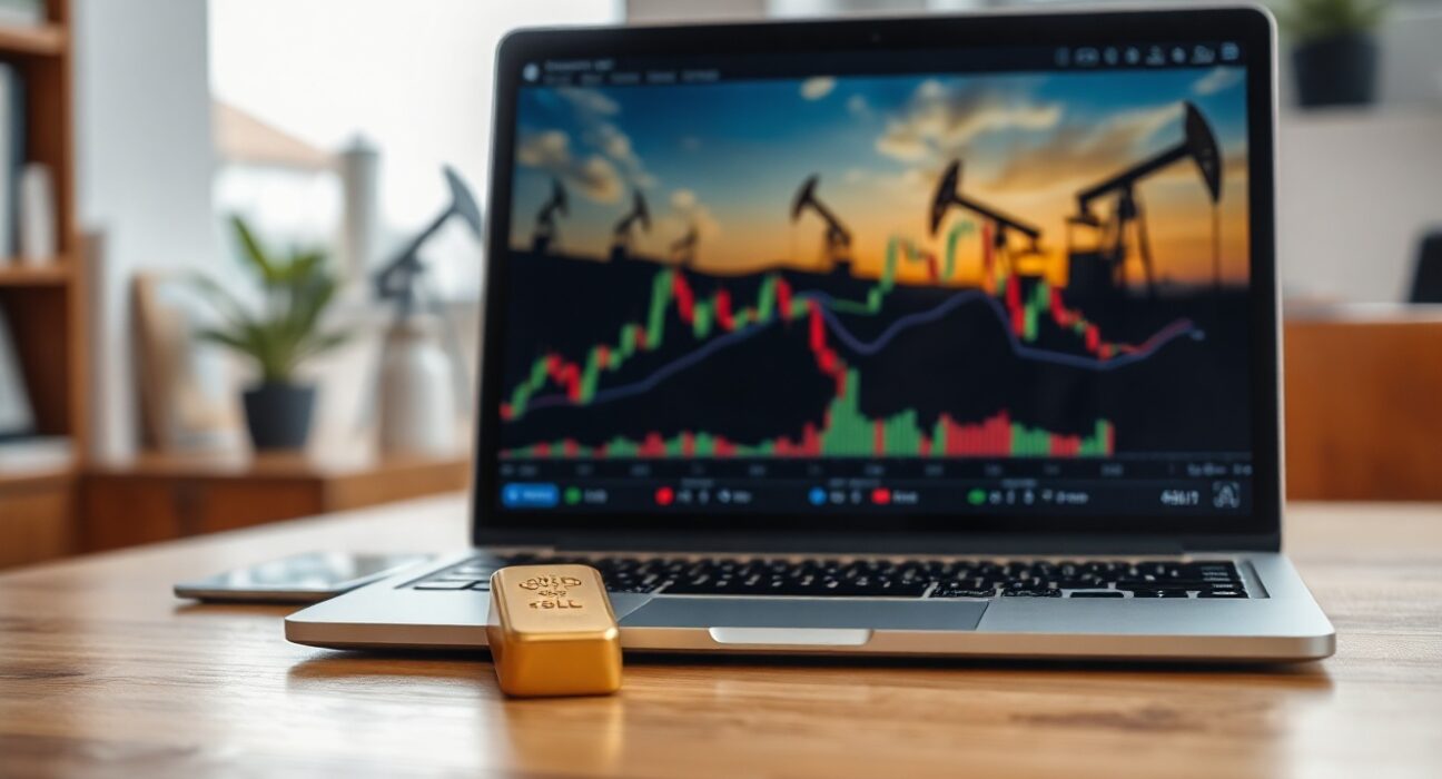 Gold bar and laptop with trading charts on a desk, representing oil and gold market analysis.