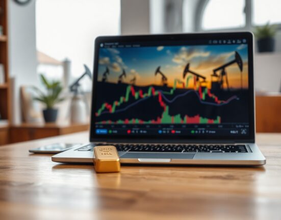 Gold bar and laptop with trading charts on a desk, representing oil and gold market analysis.