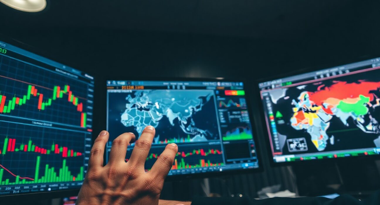 Trader monitoring oil and gold price charts amid geopolitical tensions