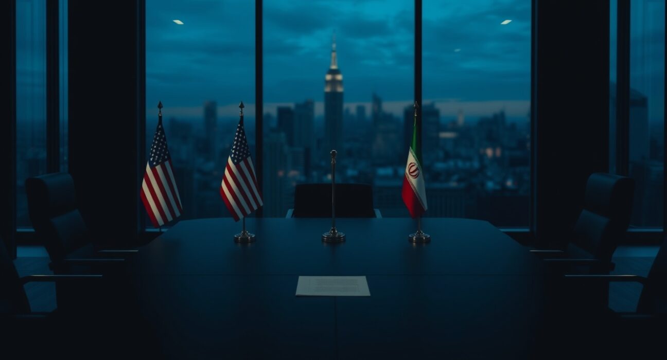 Empty negotiation table with US and Iranian flags after failed nuclear talks