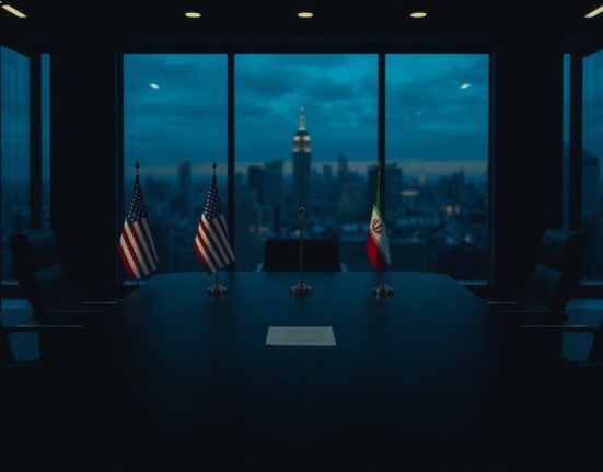 Empty negotiation table with US and Iranian flags after failed nuclear talks