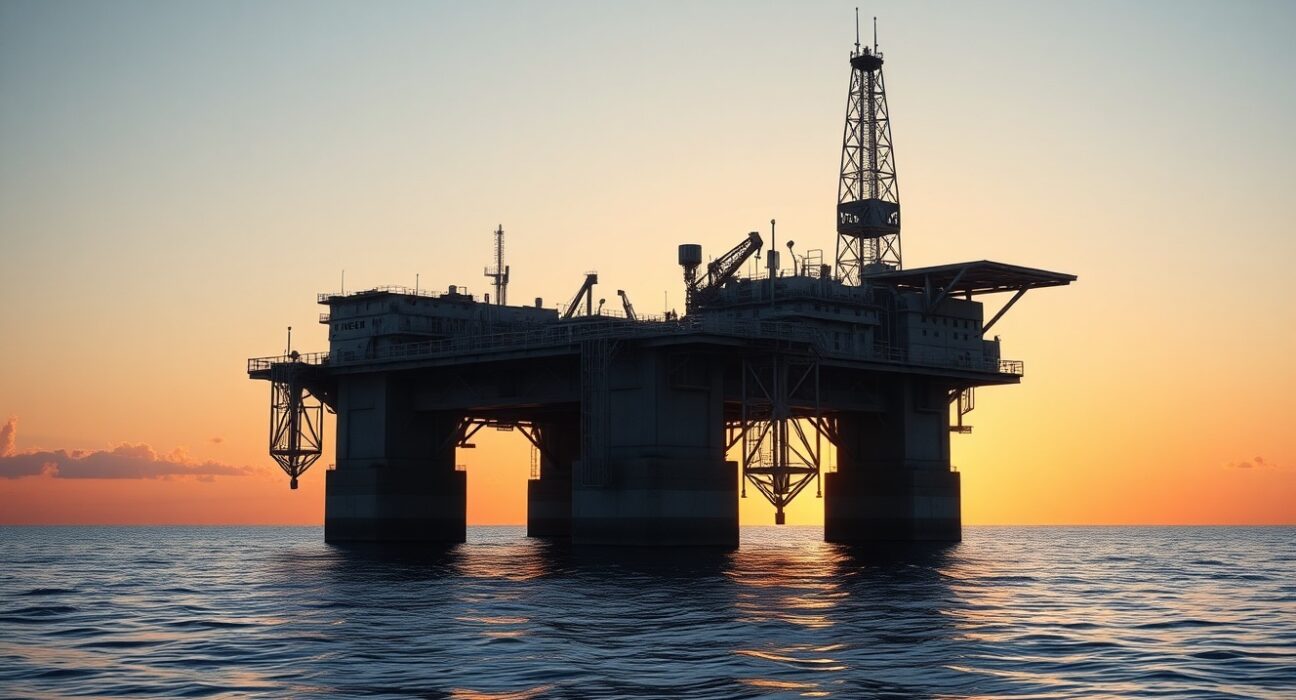 Offshore oil platform in the Gulf of Mexico at sunrise, representing gradual production recovery.