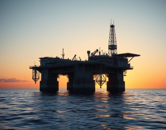 Offshore oil platform in the Gulf of Mexico at sunrise, representing gradual production recovery.
