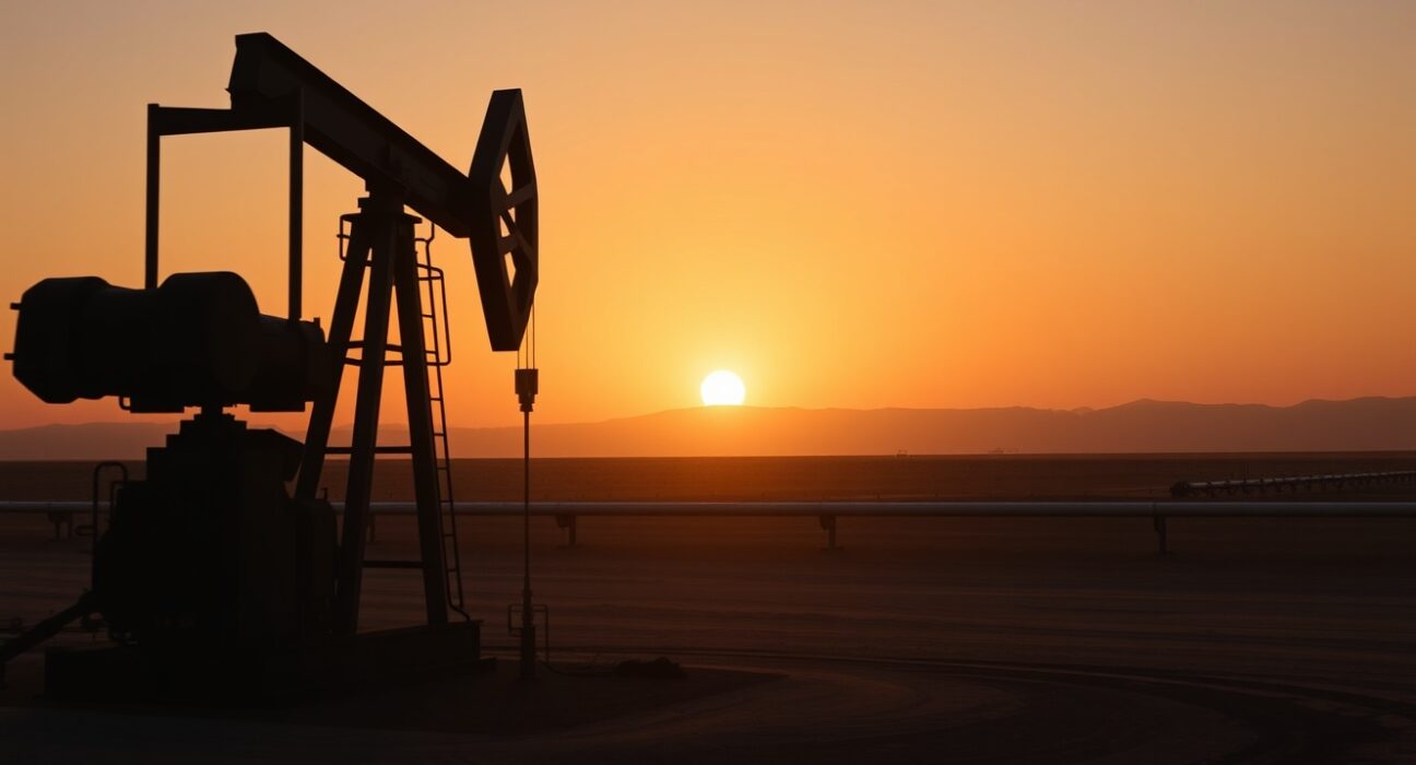 Oil pumpjack in desert at sunset representing crude oil market stability