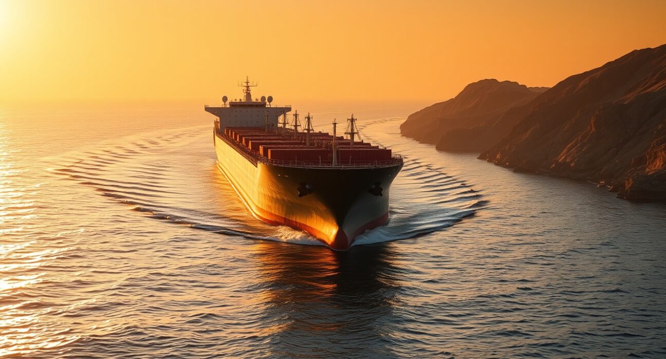 Oil tanker navigating the Strait of Hormuz at sunset, illustrating geopolitical risk premium in oil markets.