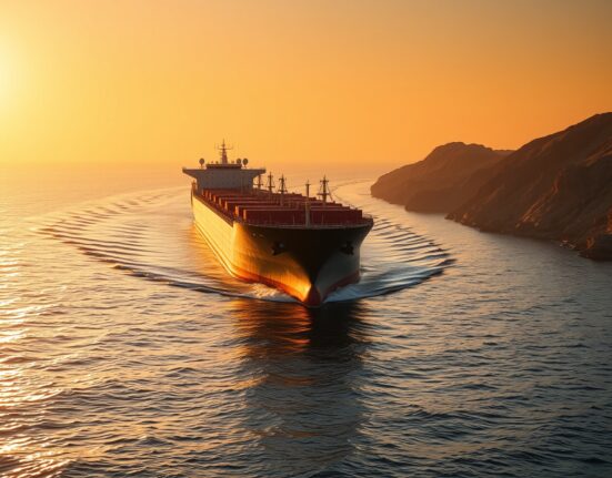 Oil tanker navigating the Strait of Hormuz at sunset, illustrating geopolitical risk premium in oil markets.