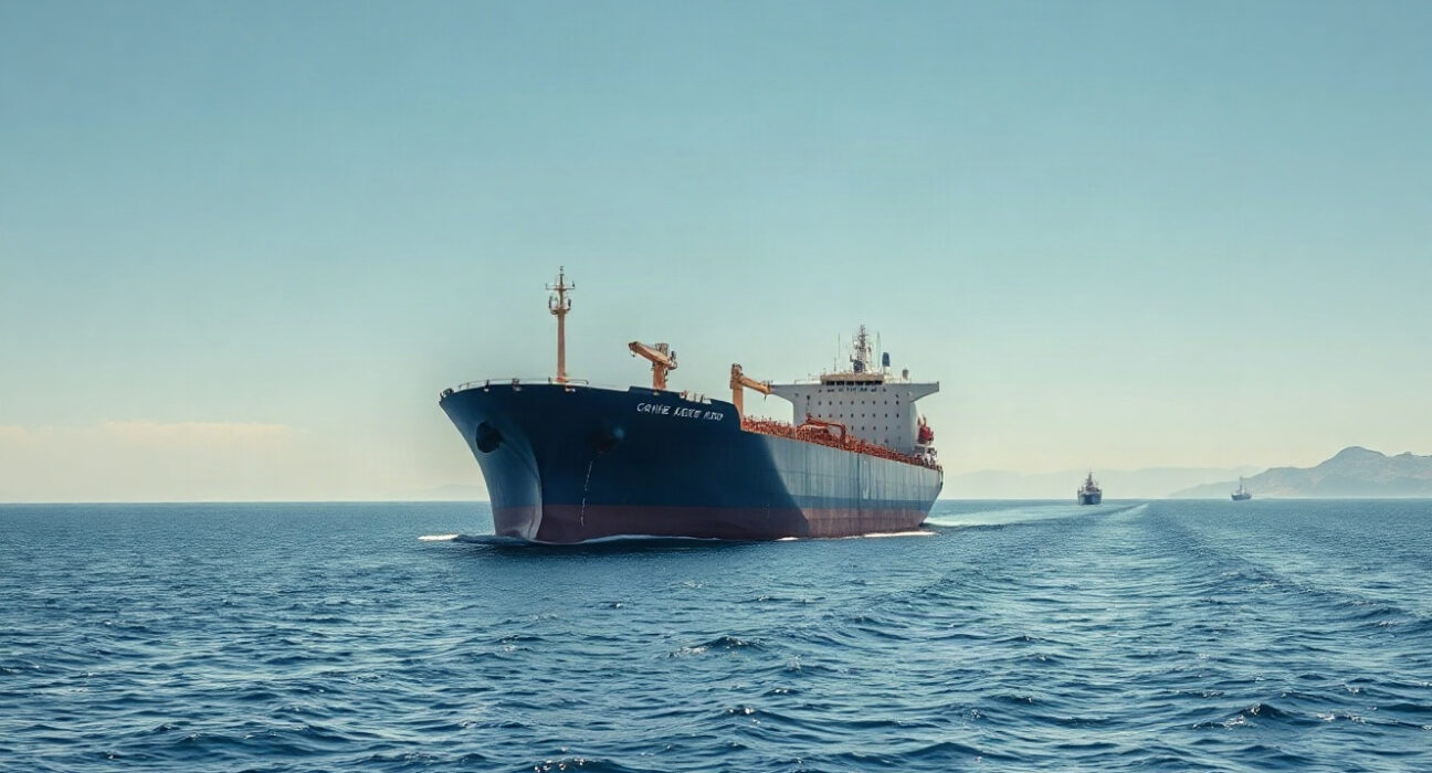 Oil tanker in the Strait of Hormuz with coastline in background