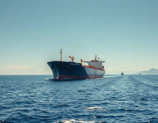 Oil tanker in the Strait of Hormuz with coastline in background
