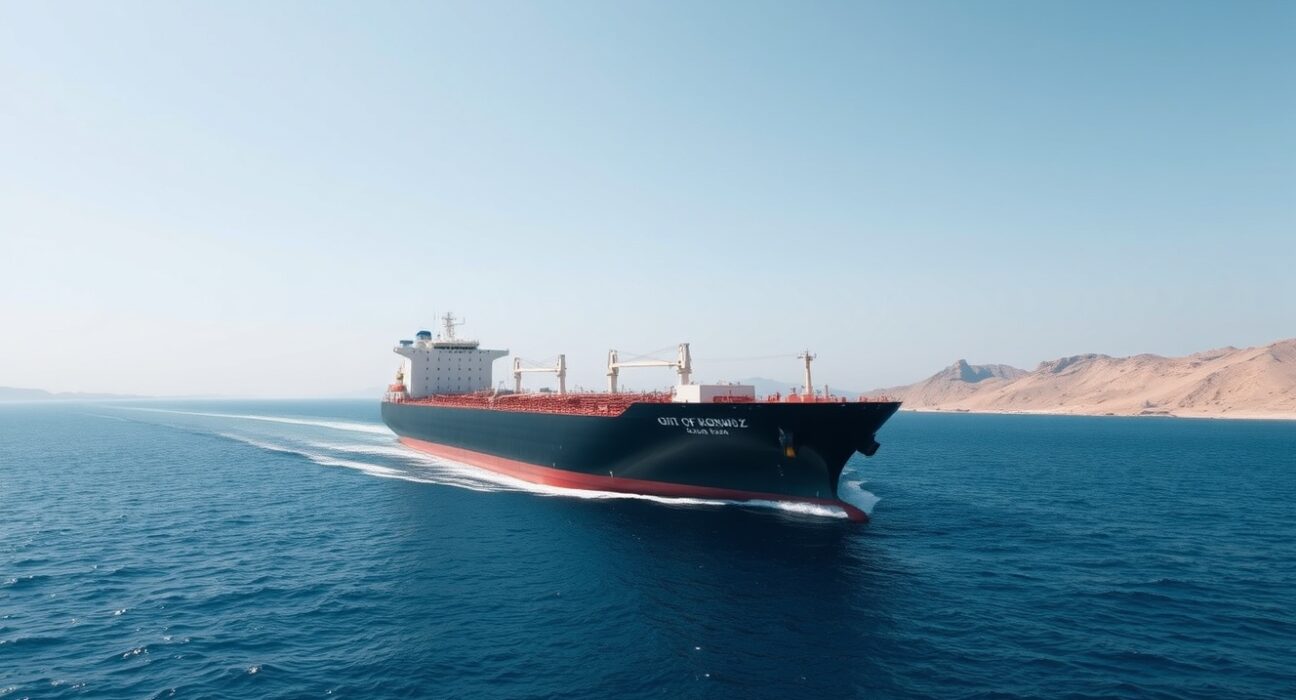 Oil tanker navigating the Strait of Hormuz under clear skies