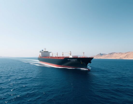 Oil tanker navigating the Strait of Hormuz under clear skies