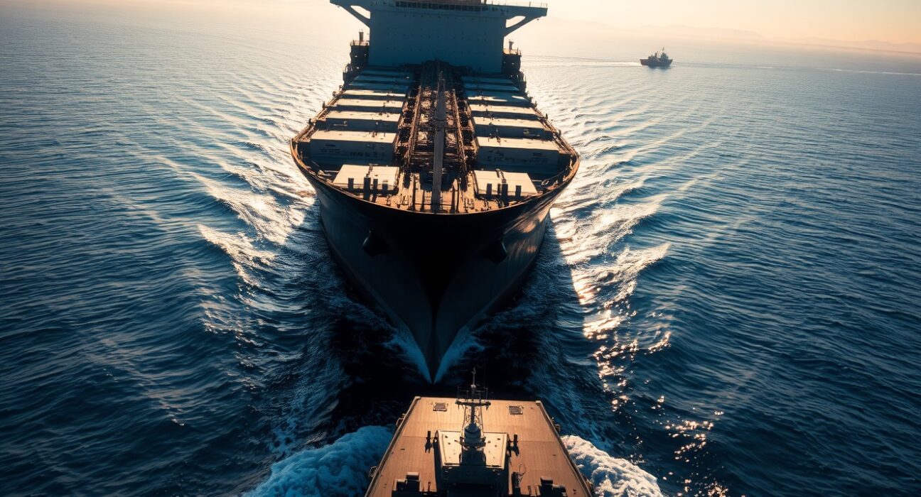 Oil tanker navigating the Strait of Hormuz, highlighting geopolitical risk to oil price path.