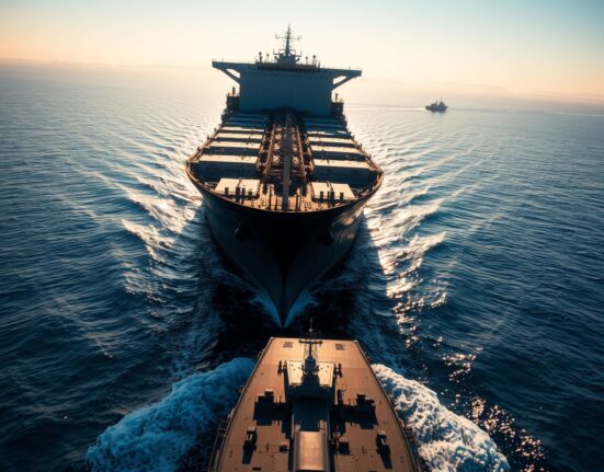 Oil tanker navigating the Strait of Hormuz, highlighting geopolitical risk to oil price path.