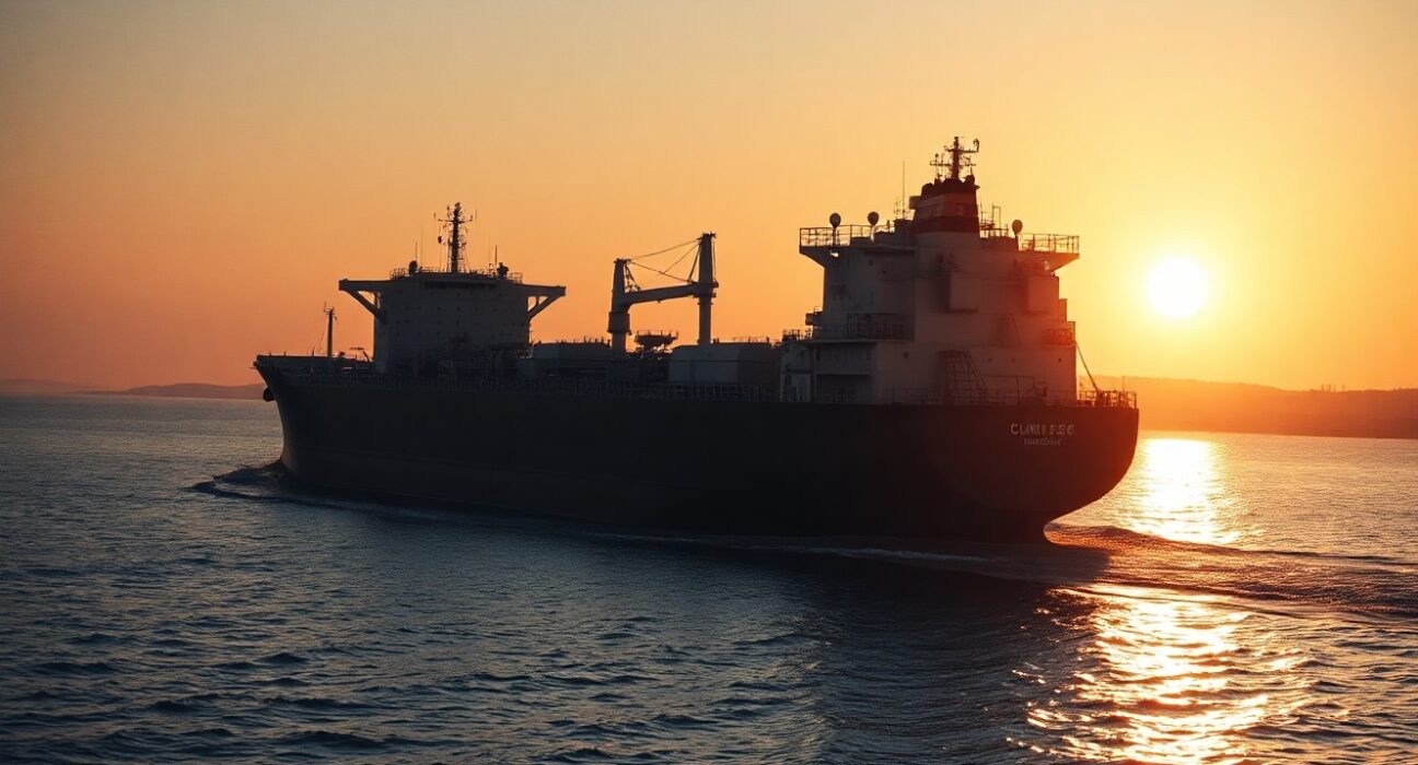Oil tanker in the Strait of Hormuz, highlighting geopolitical supply risk.
