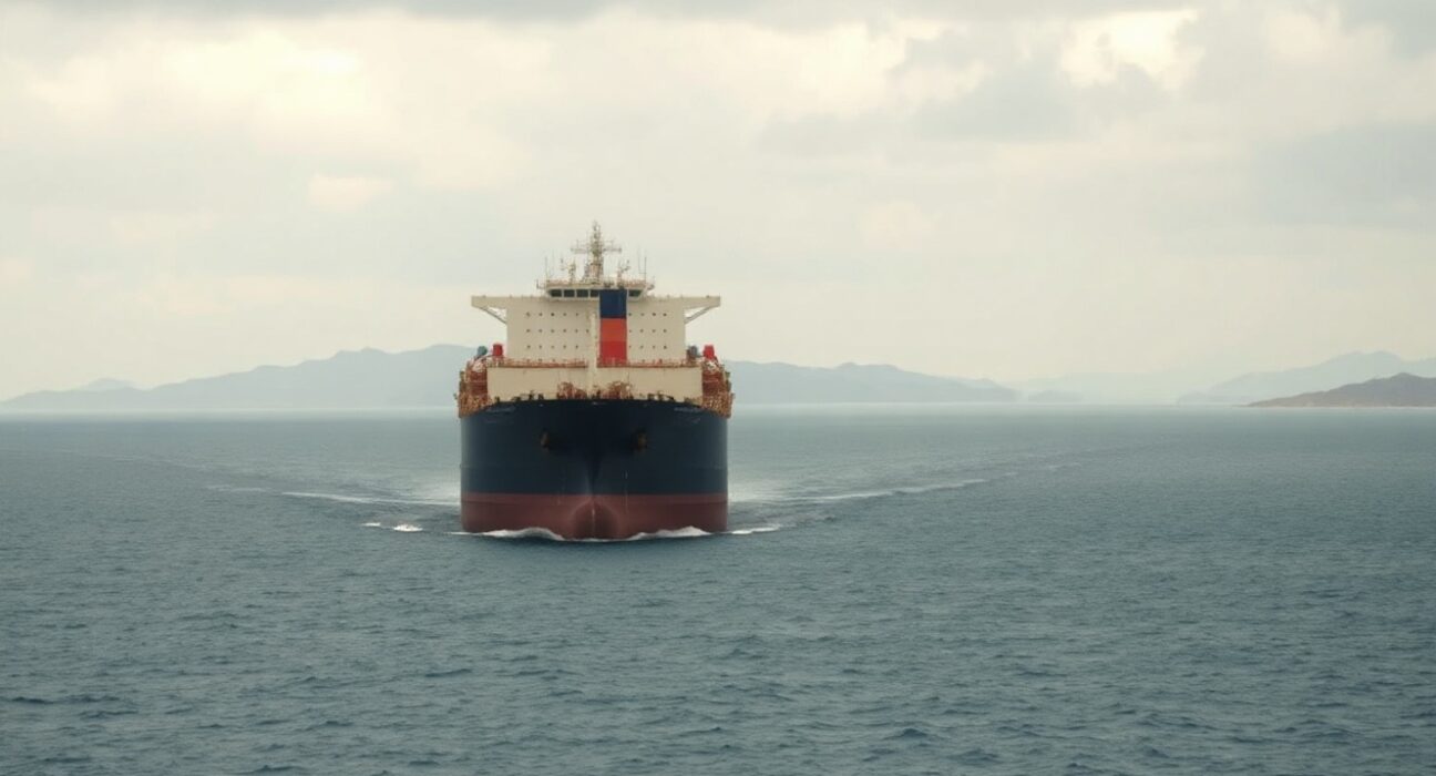 Oil tanker navigating the Strait of Hormuz under overcast skies, representing geopolitical supply risk.