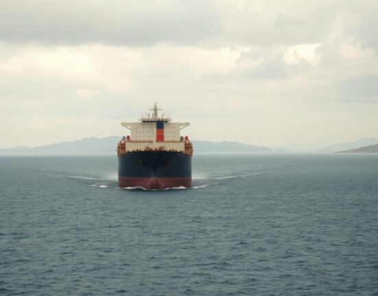 Oil tanker navigating the Strait of Hormuz under overcast skies, representing geopolitical supply risk.